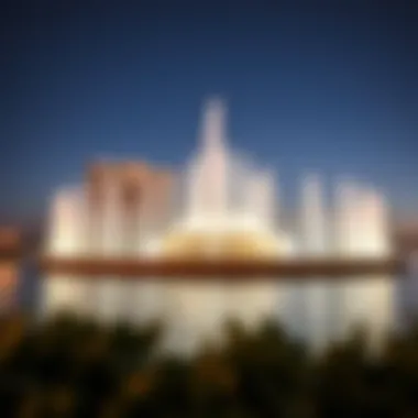 Evening view of The Pointe fountain illuminated