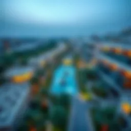 Aerial view of Al Bateen, showcasing its modern architecture and lush green spaces