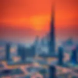 Panoramic view of Dubai skyline at sunset