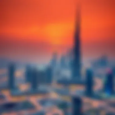 Panoramic view of Dubai skyline at sunset