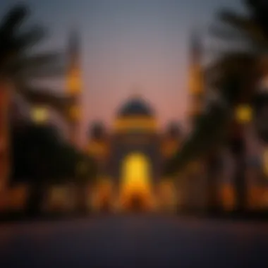 A serene evening view of a mosque adorned with lights during Ramadan