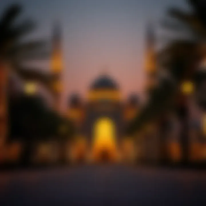 A serene evening view of a mosque adorned with lights during Ramadan