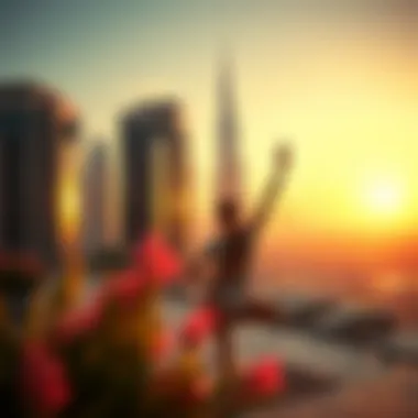Yoga practice at sunset overlooking the skyline